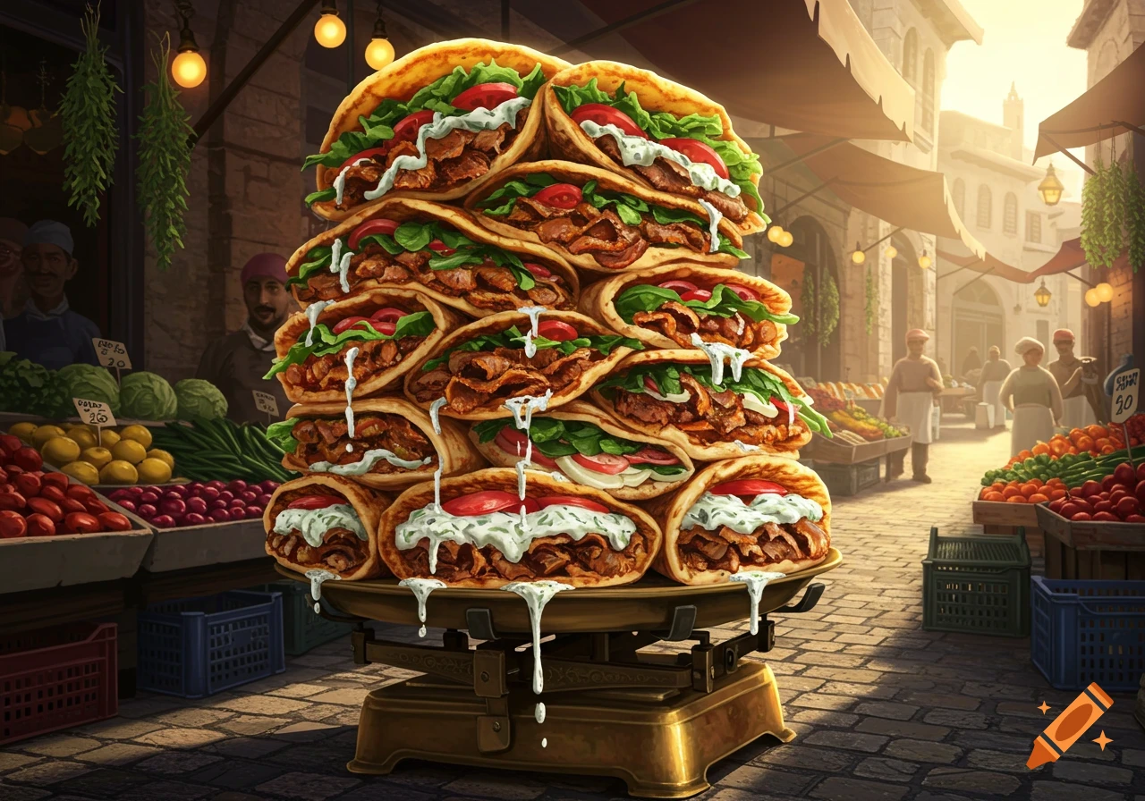 A towering pile of gyros with dripping white sauce and fresh vegetables sits on an old brass scale in a bustling market street scene.