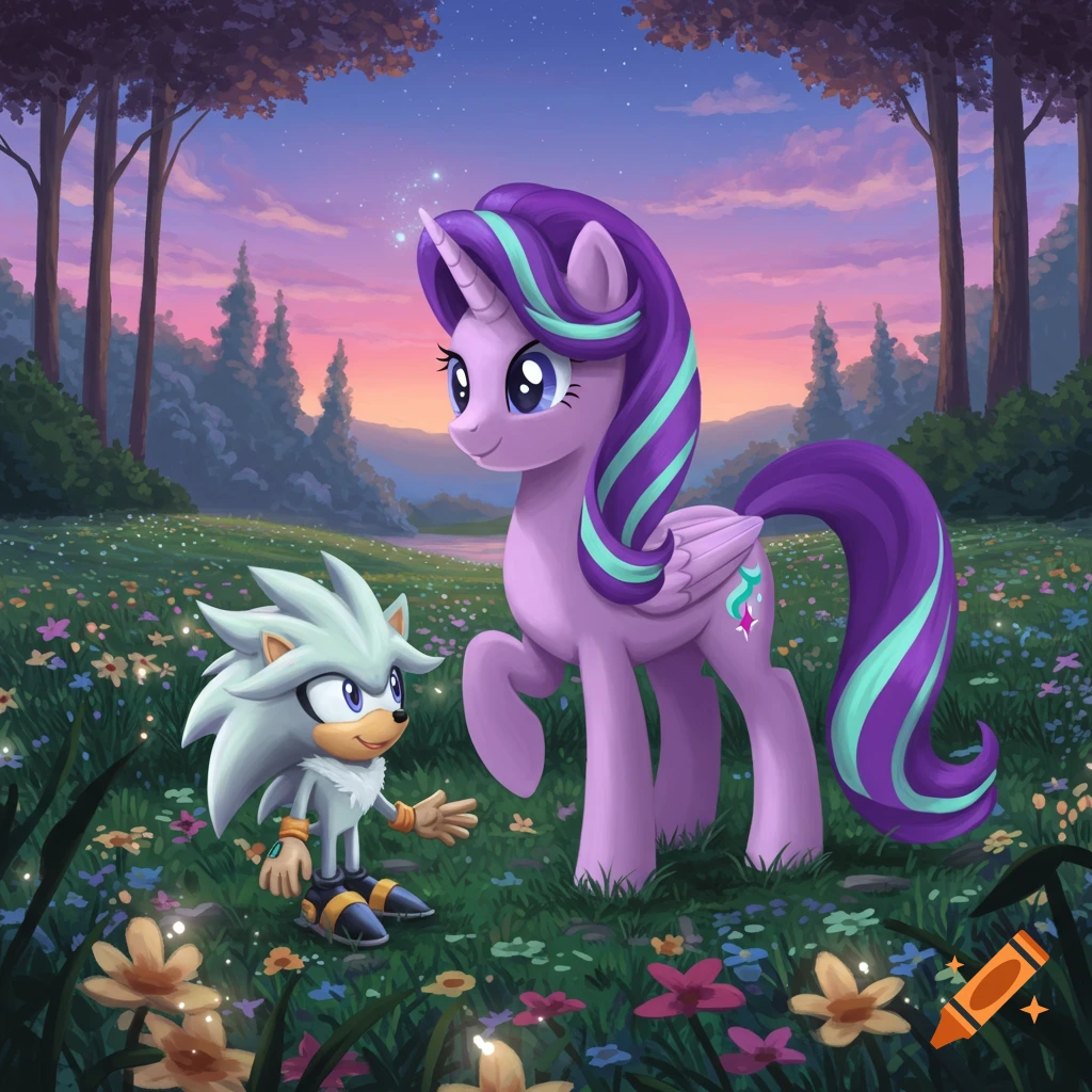 My Little Pony Starlight Glimmer and Sonic's Silver the Hedgehog stand in a whimsical field of flowers at sunset.