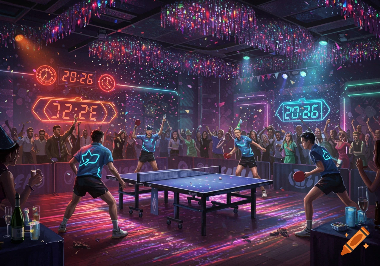 A vibrant, neon-lit New Year's Eve party scene with people playing ping pong, surrounded by a cheering crowd and falling confetti.