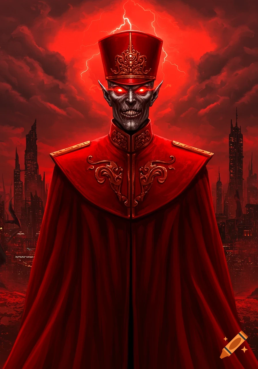 A menacing, red-eyed demonic dictator in a red military uniform and cape, standing before a red, lightning-filled dystopian cityscape.