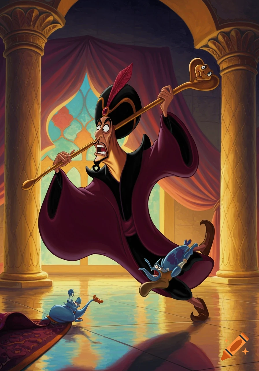 Jafar from Disney's Aladdin stumbles with his cobra staff in a grand palace, as the Genie and Magic Carpet look on.