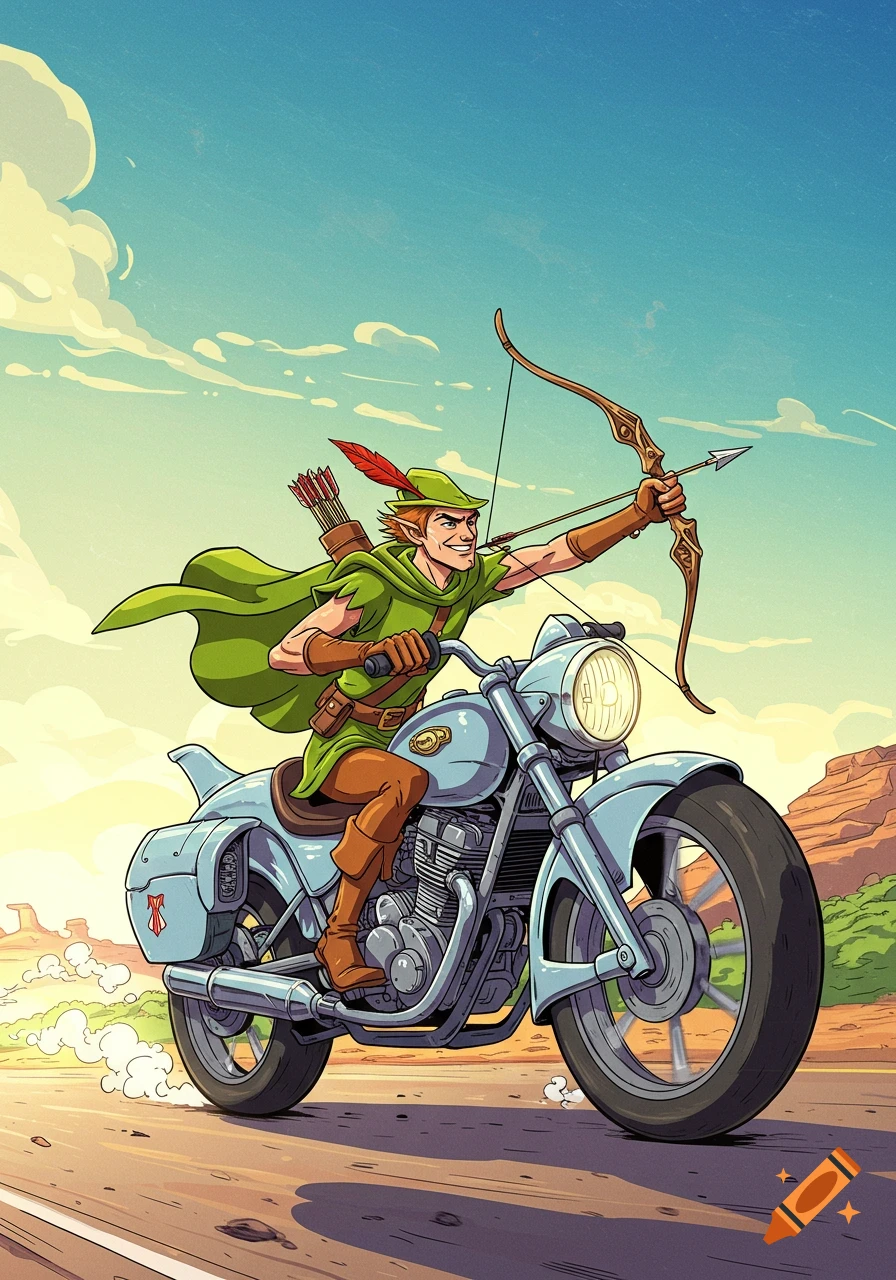 Cartoon Robin Hood on a motorcycle, aiming a bow and arrow on a desert road under a blue sky.