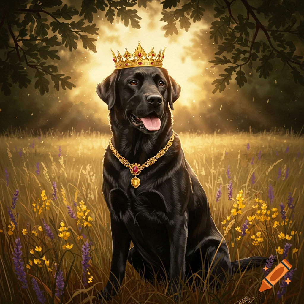 A majestic black Labrador dog wearing a golden crown and ornate necklace, sitting in a sunlit field with wildflowers under trees. Illustrated.