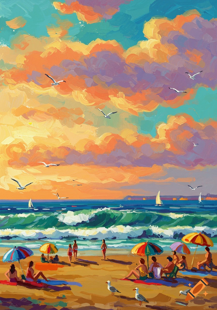A vibrant painted beach scene at sunset with people, umbrellas, ocean waves, sailboats, and gulls.