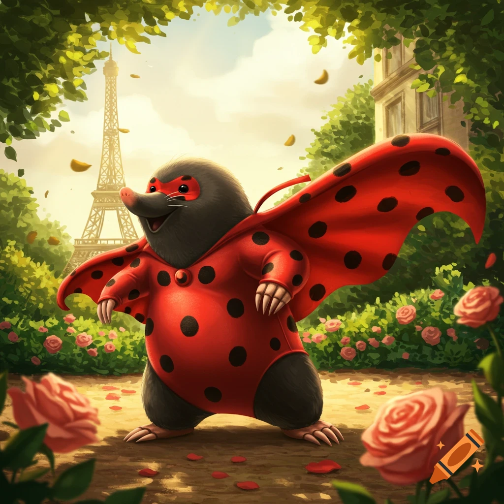 A cartoon mole dressed as Miraculous Ladybug stands confidently in a park with the Eiffel Tower and roses in the background.