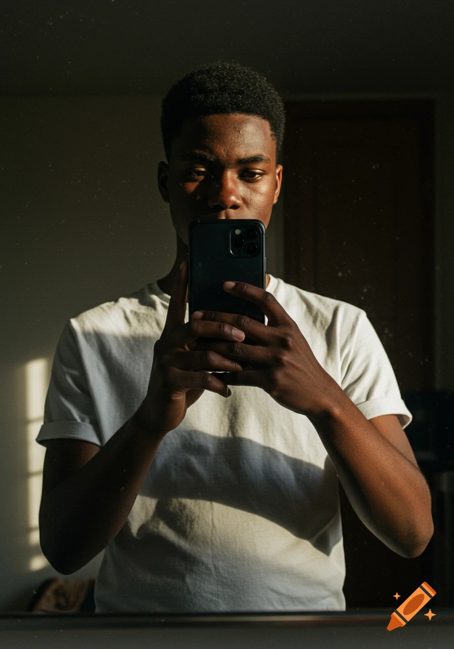 A young Black man takes a mirror selfie indoors, holding a dark smartphone that covers his face, with warm natural light illuminating his head and chest.