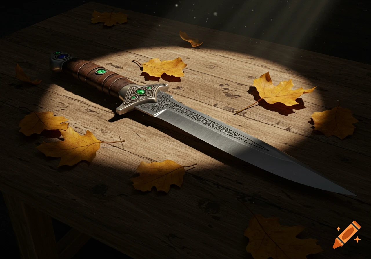 Ornate fantasy dagger with gem-studded hilt on a wooden table with autumn leaves, under a spotlight.