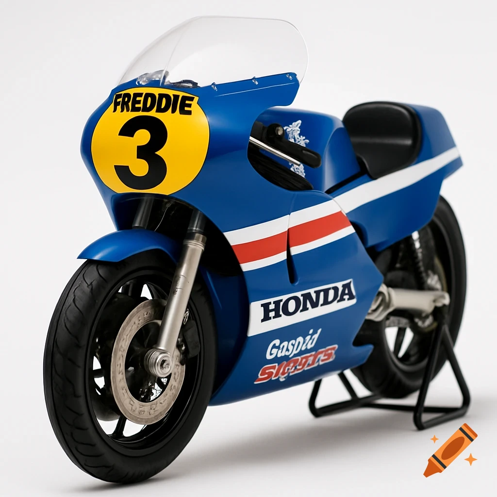 Ultra-realistic studio shot of a blue Honda racing motorcycle model with 'FREDDIE' and '3' on the fairing.