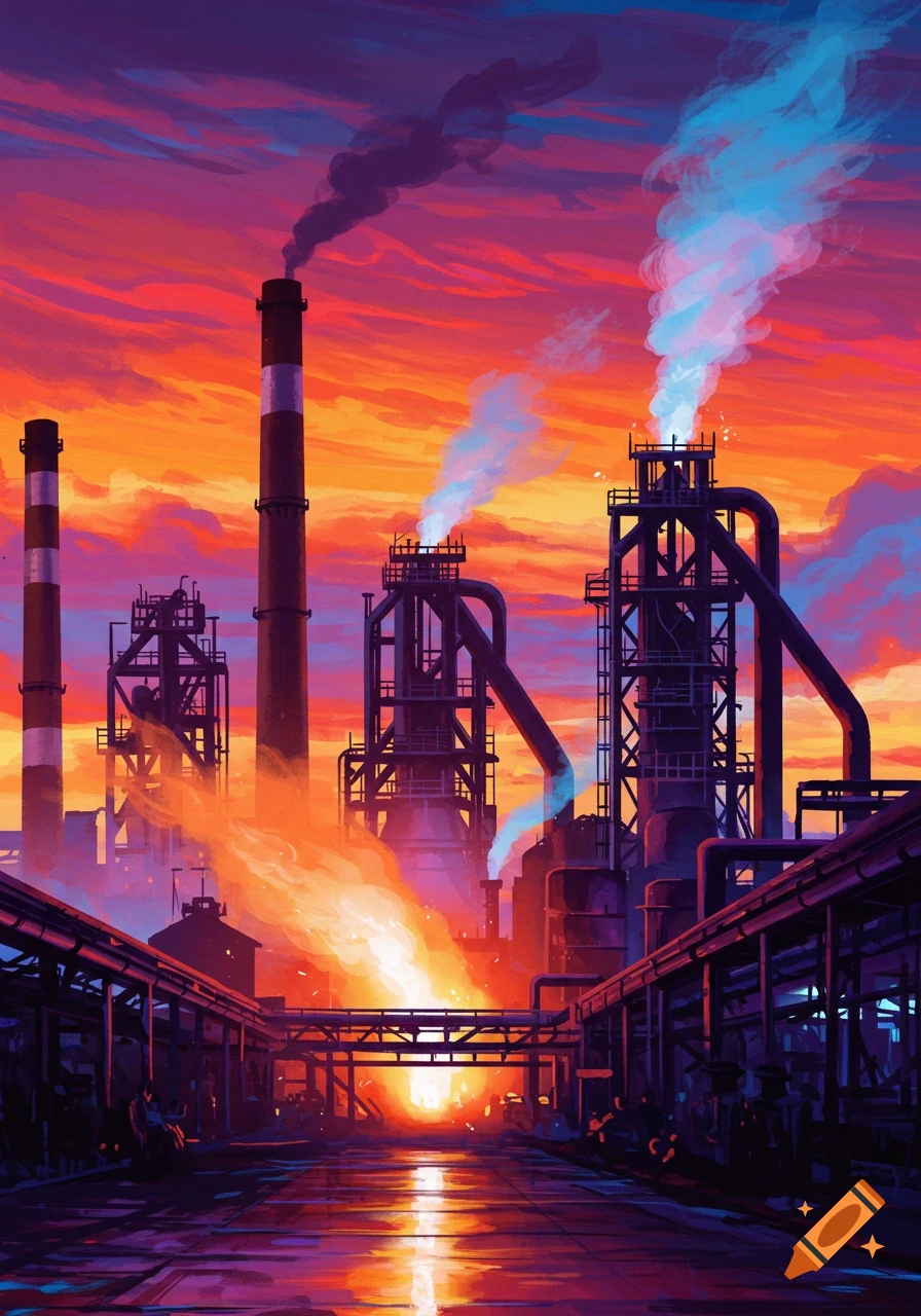 Vibrant, colorful painting of an industrial steelworks at sunset, with tall smokestacks, pipes, and structures reflecting on a wet ground.
