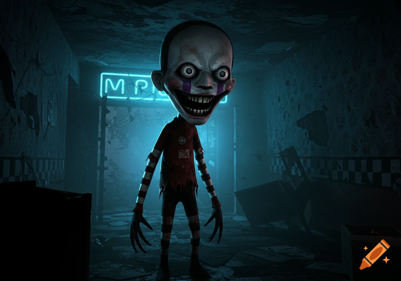 A creepy, wide-eyed doll-like character with a large grin and tattered clothes stands in a dimly lit, dilapidated room with a neon sign.