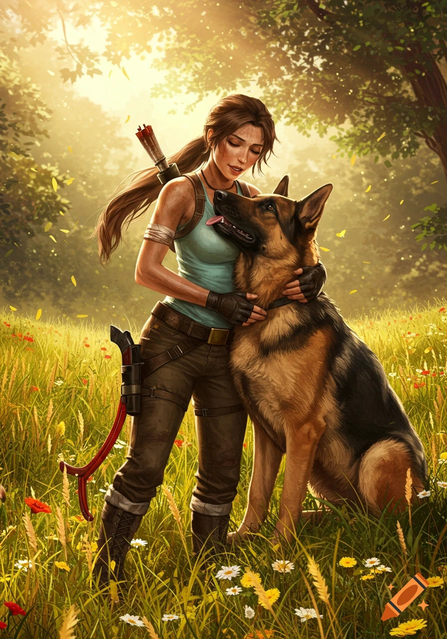 Lara Croft hugs a German Shepherd in a sunny forest meadow, the dog licking her face, digital art.