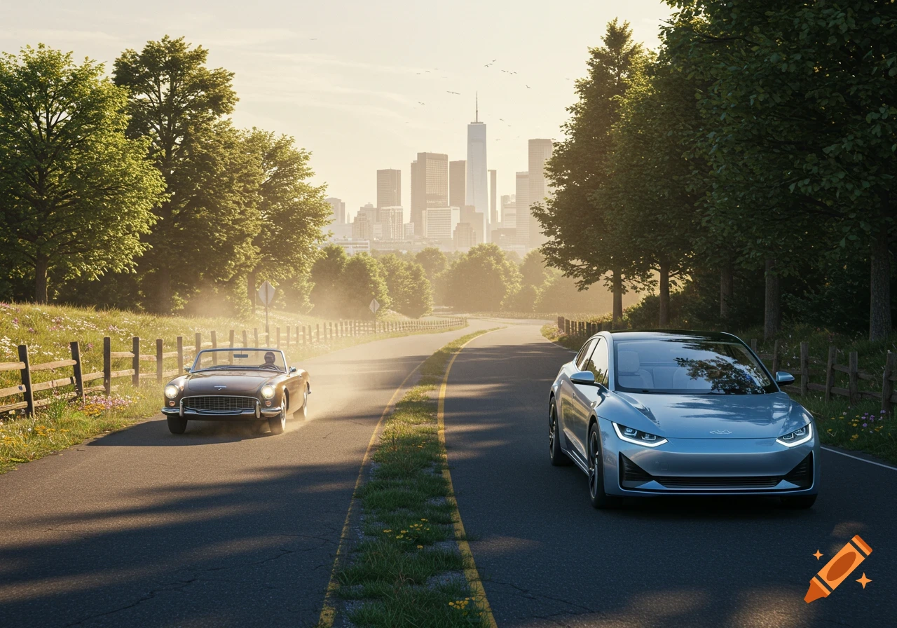 A classic brown convertible and a modern light blue sedan drive on a country road towards a distant city skyline at sunset.