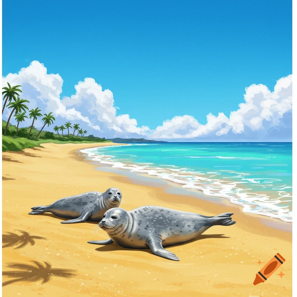 Two gray seals lie on a sunny yellow beach with palm trees, blue ocean, and a bright blue sky with white clouds in an illustrated style.