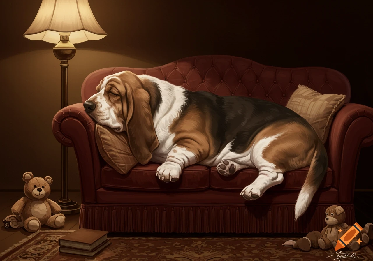 A tricolor basset hound sleeping soundly on a red tufted couch, illuminated by a lamp. Teddy bears and books rest on the rug.