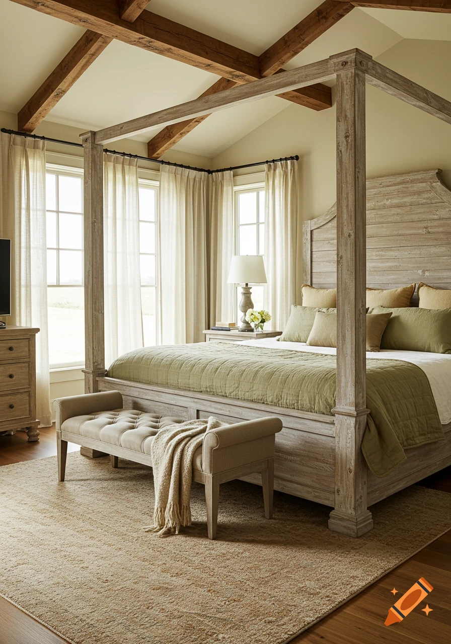 Photorealistic farmhouse master bedroom with a king bed, green bedding, bench, and exposed wooden ceiling beams.