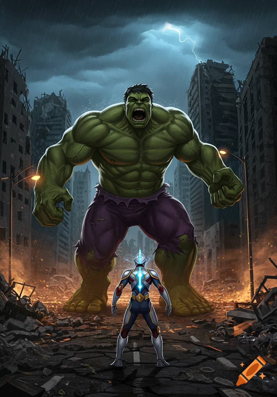 A giant roaring Hulk confronts an armored hero in a destroyed city under a stormy, lightning-filled sky. Illustration.
