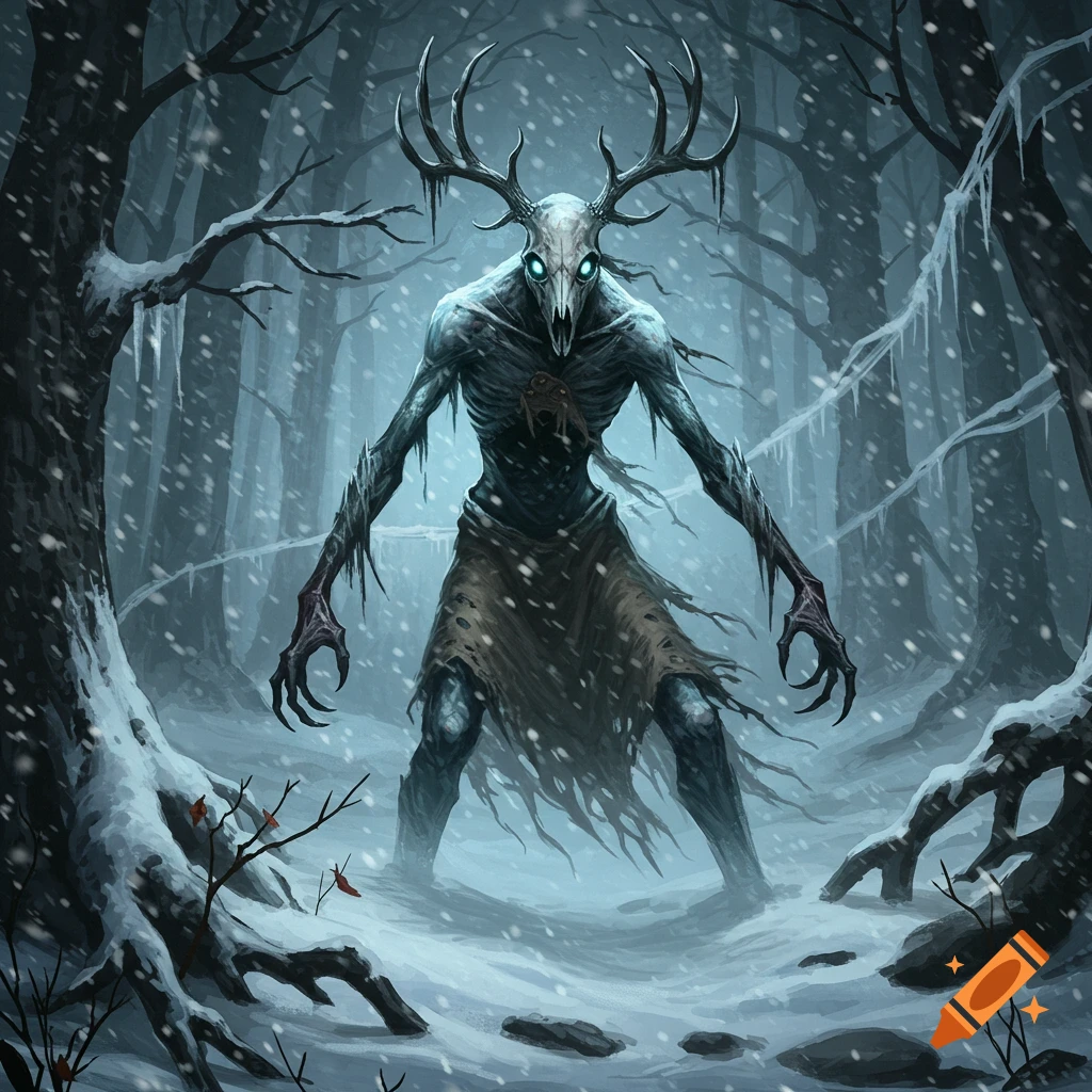 A gaunt, skeletal monster with a deer skull for a head, antlers, and glowing blue eyes stands in a snowy, dark forest.