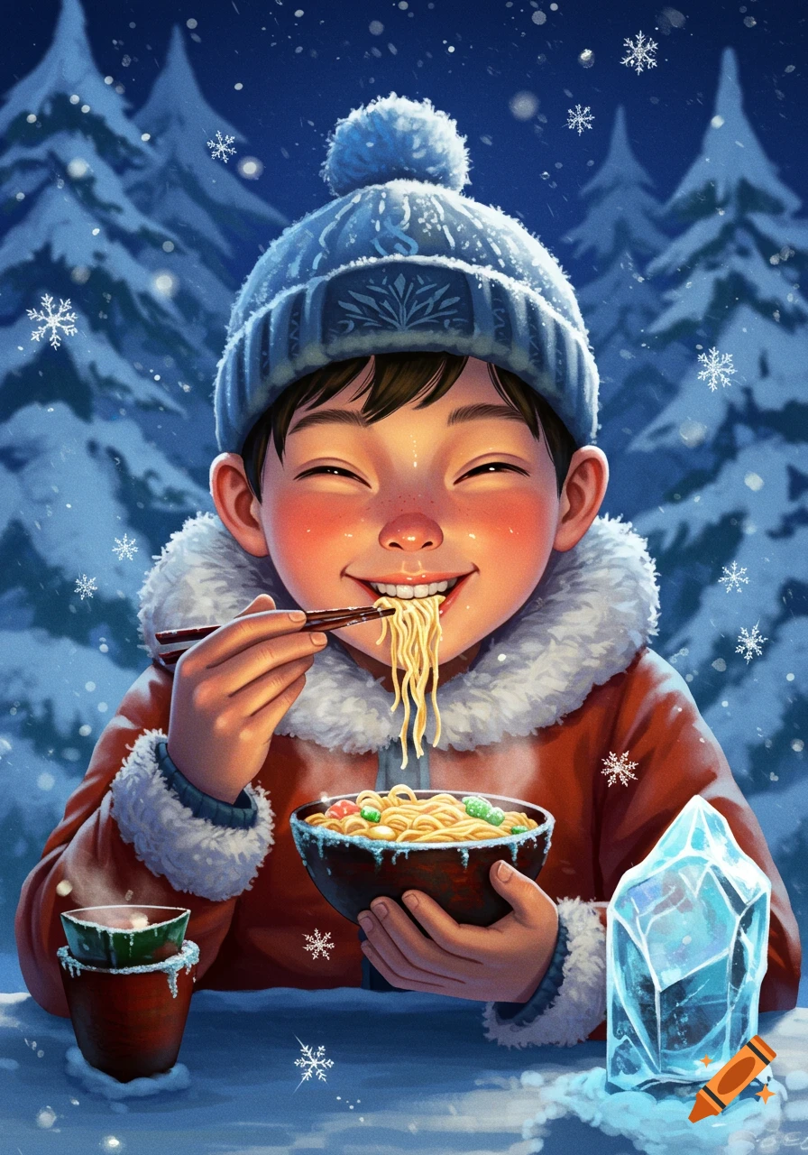 A happy boy in a winter hat and coat eats noodles with chopsticks in a snowy night, digital illustration.