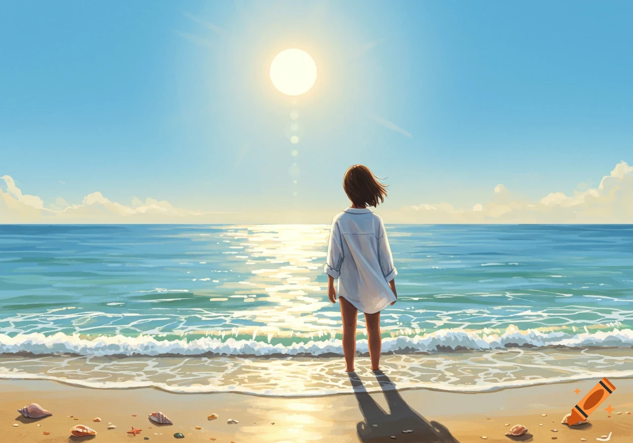 A person stands on a sandy beach looking out at the ocean under a bright sun, in an illustrative style.