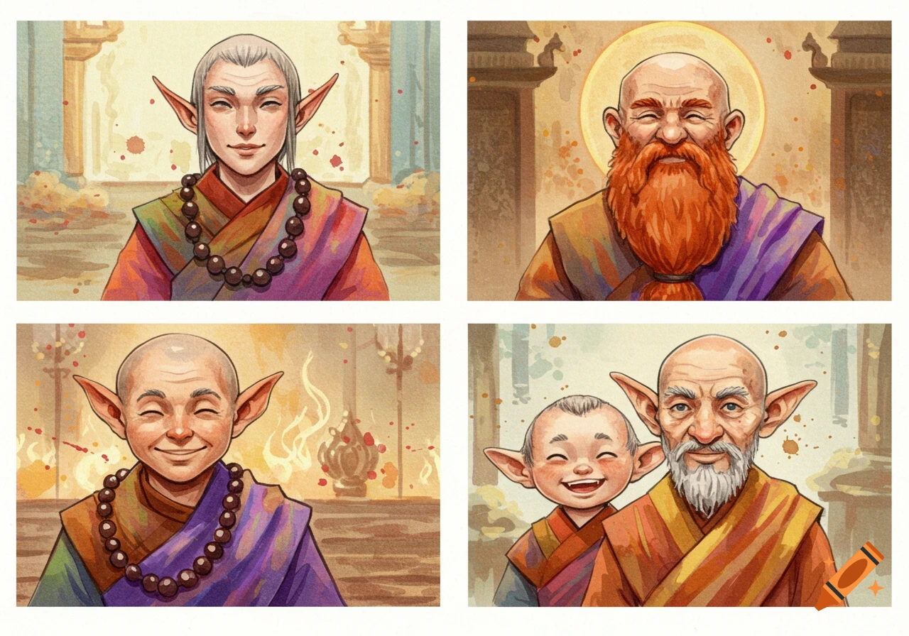 Four vibrant watercolor portraits of smiling monk-like figures, including elves, dwarves, and a child, in colorful robes.