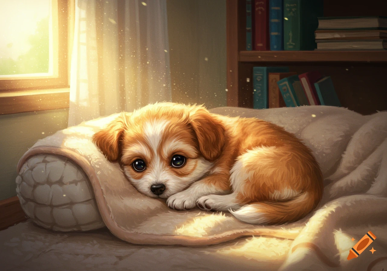 A cute, fluffy brown and white puppy with big eyes curled up on a cream blanket, bathed in warm sunlight near a window and bookshelf. Digital illustration.