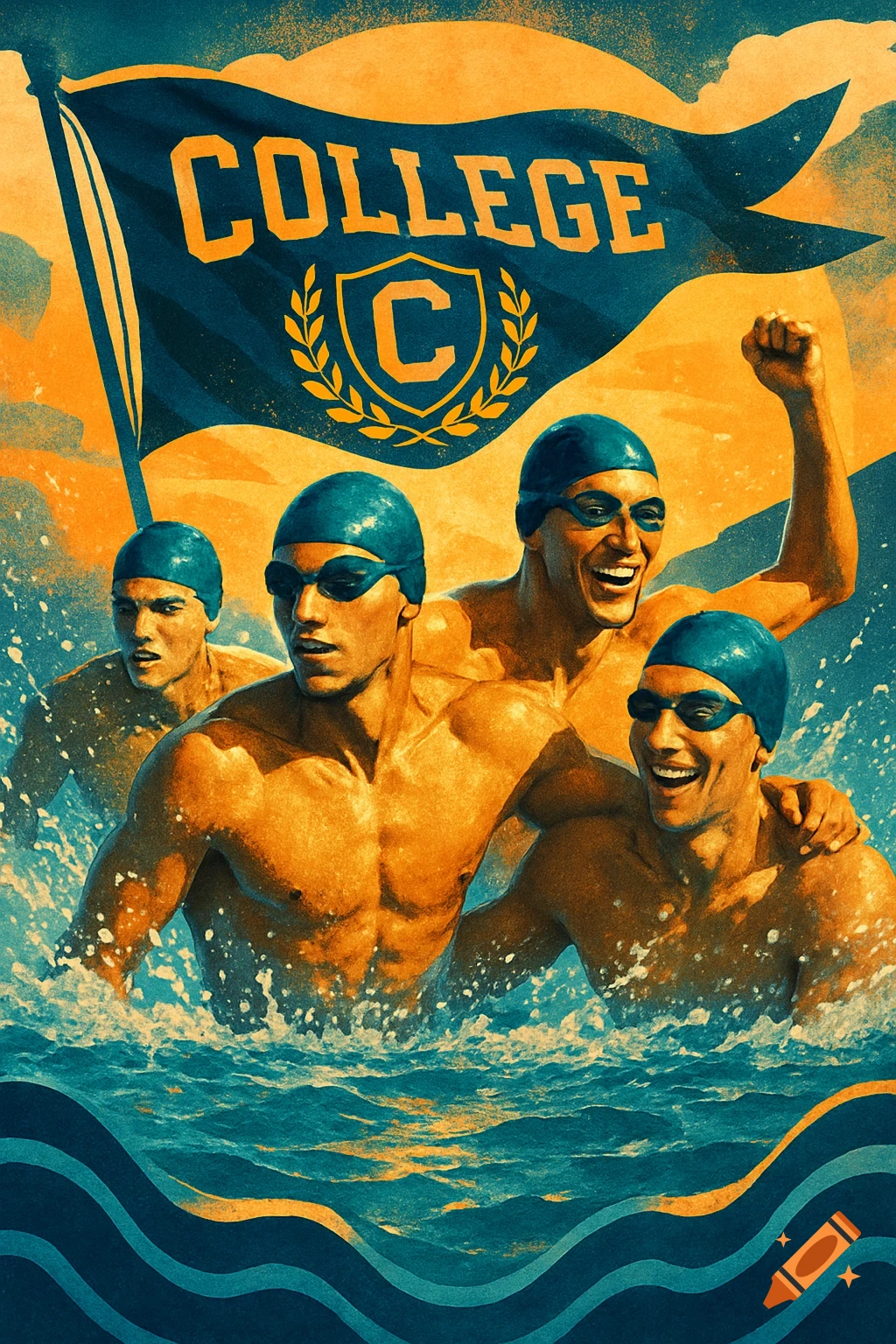 Four muscular male swimmers emerge from water, one with a raised fist, under a 'COLLEGE' flag in a vibrant, stylized illustration.