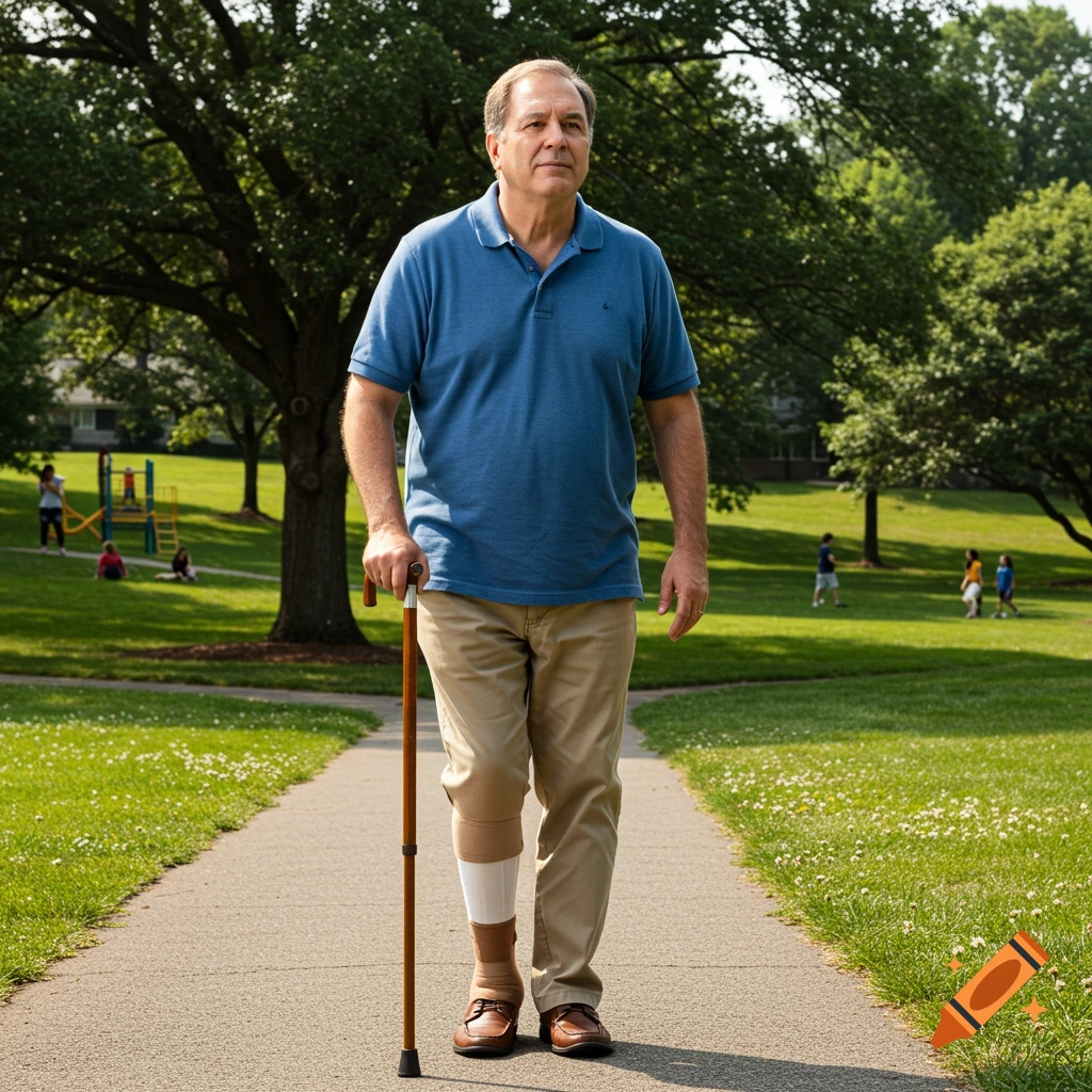 An older man with a cane and a leg brace walks on a path in a sunny park.