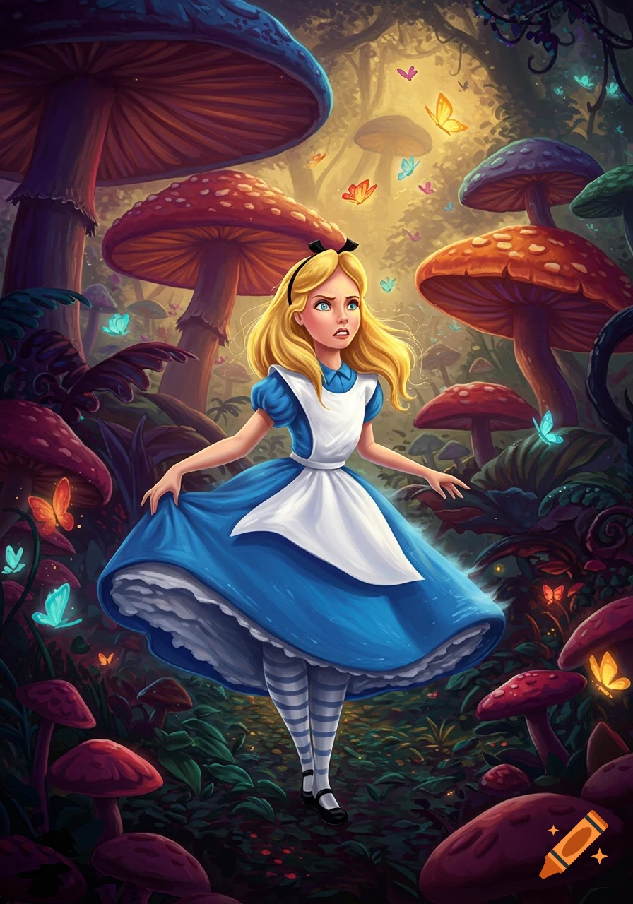 Illustration of a concerned Alice in a blue dress and white apron, surrounded by large, colorful mushrooms and glowing butterflies in a dark, magical forest.