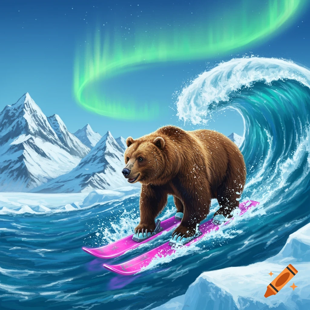 A brown bear on pink skis surfing a huge blue wave under green aurora and snowy mountains.