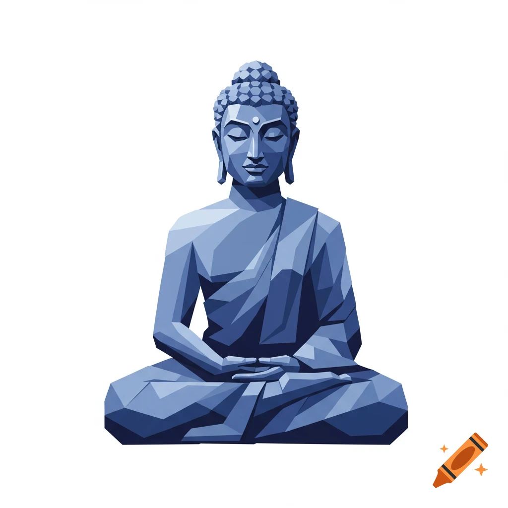 A cubist statue of a sitting Buddha made of blue geometric shapes with sharp lines, on a white background.