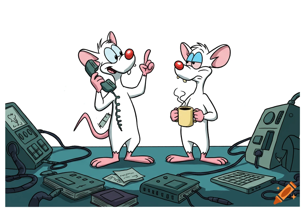 Pinky holds a phone and points up, while Brain looks annoyed holding a coffee, in a comic-style image. They are standing behind a desk with cables and lab equipment.