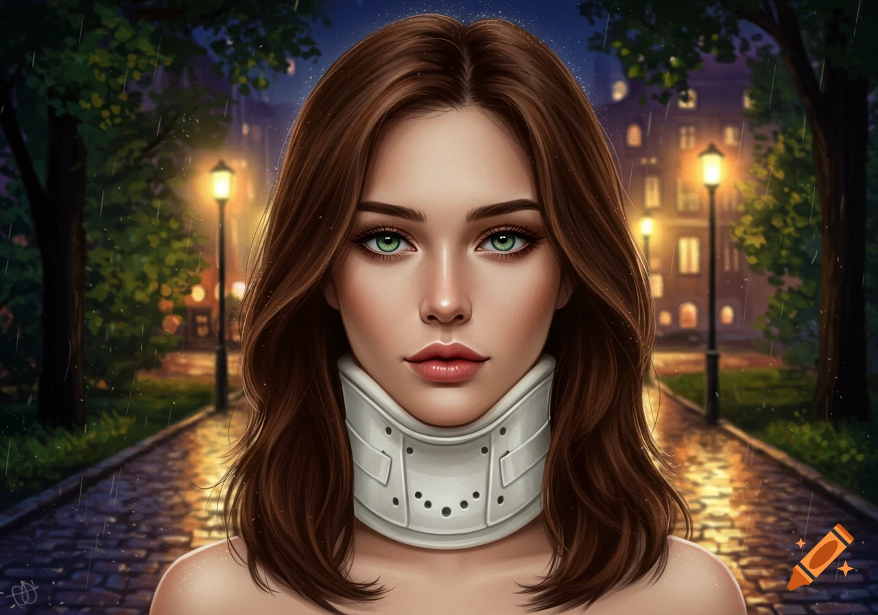 Digital painting of a girl with green eyes and brown hair wearing a white neck brace on a rainy night street.