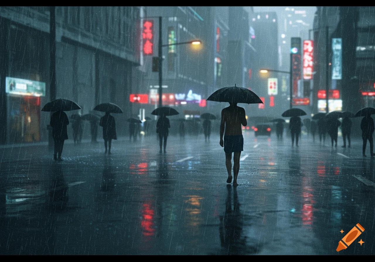 A shirtless person walks barefoot down a rain-slicked city street at night, holding an umbrella, surrounded by other figures and neon signs.