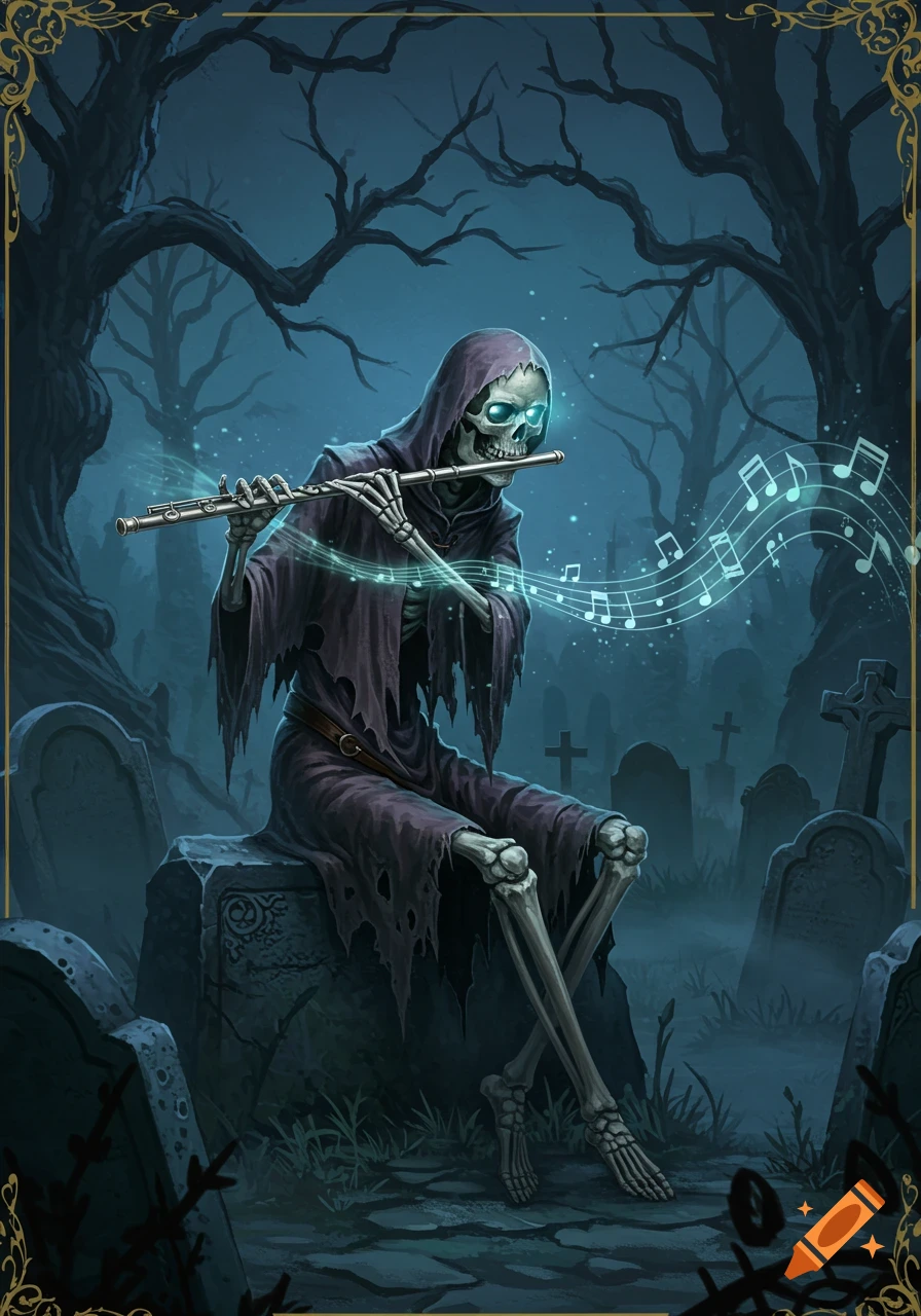 A cloaked skeleton with glowing eyes plays a flute, emitting glowing musical notes, in a dark, misty graveyard.