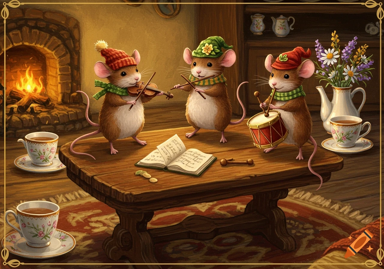 Three anthropomorphic mice in hats and scarves play violin, drums, and conduct music from a book on a wooden table by a fireplace in a cozy, detailed illustration.