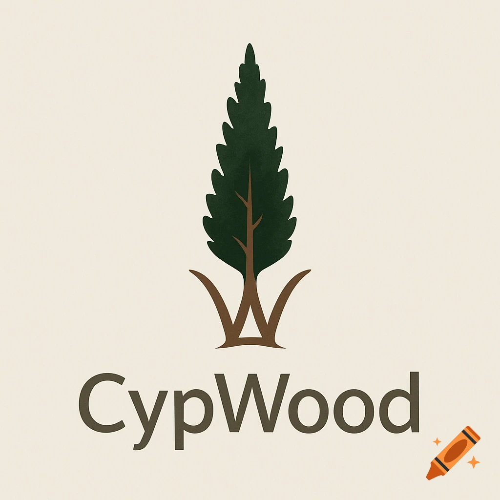 A logo with a dark green cypress tree above a stylized brown 'W' and the word 'CypWood' on a beige background.