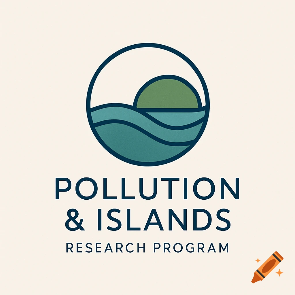 Minimalist logo featuring a circle with an abstract green island and blue ocean waves above the text POLLUTION & ISLANDS RESEARCH PROGRAM.