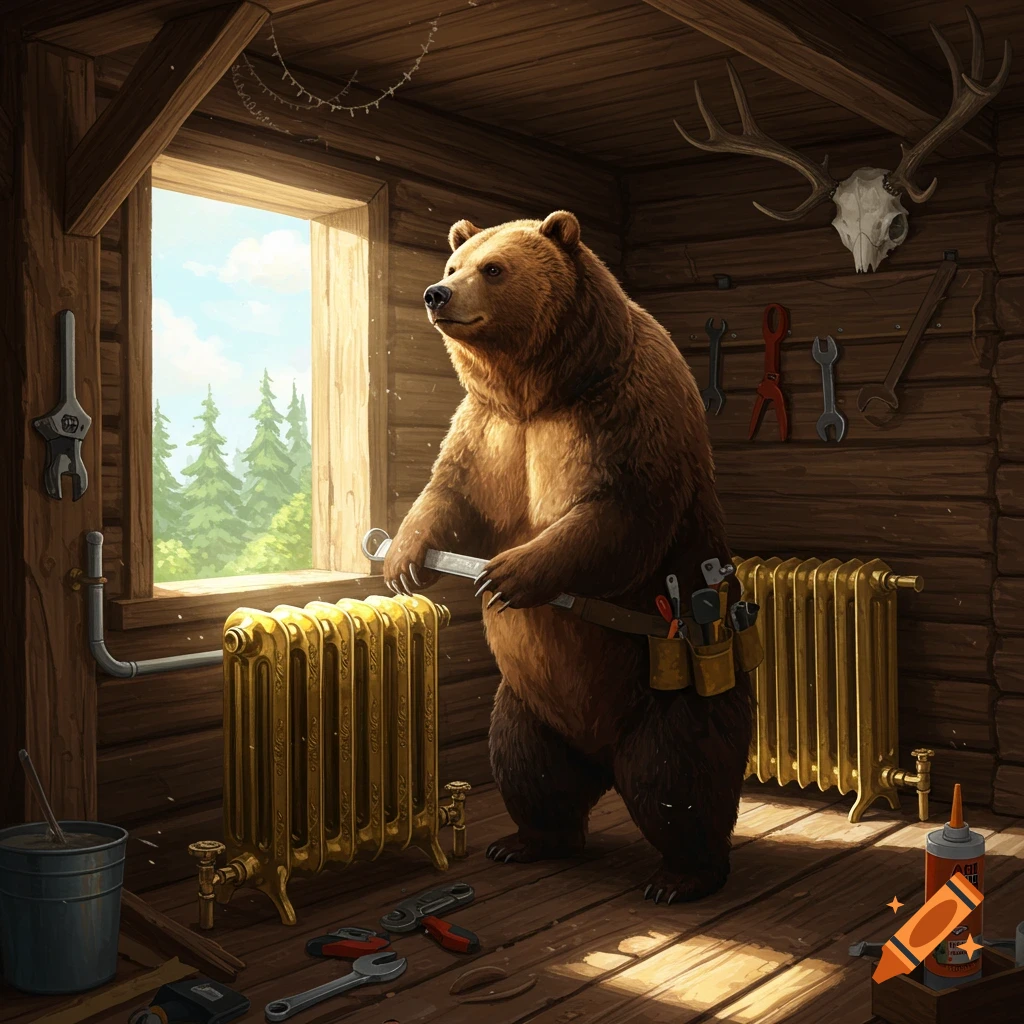A brown bear wearing a toolbelt holds a wrench, looking out a window in a rustic wooden room with radiators.