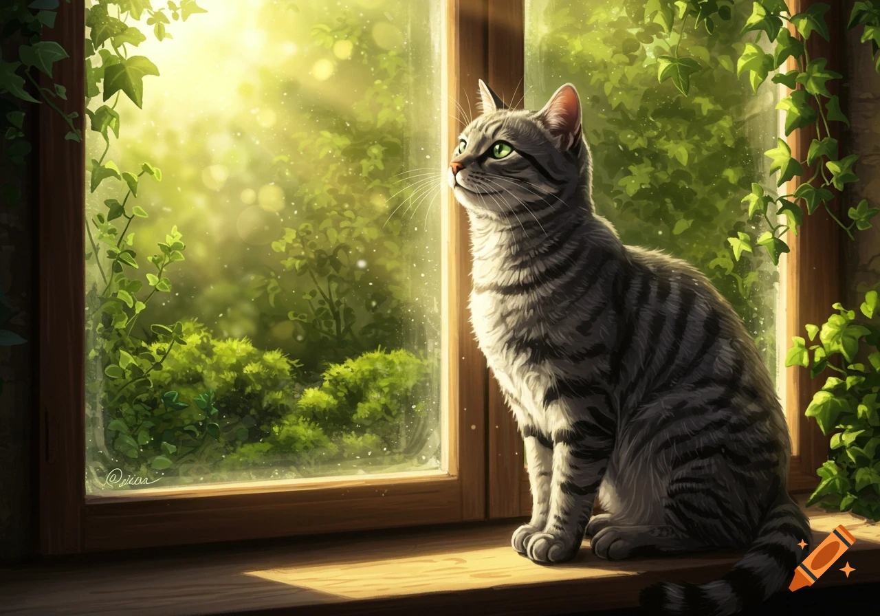 A tabby cat with green eyes sits on a wooden windowsill, gazing out at a bright, sunlit green garden. Illustrative style.