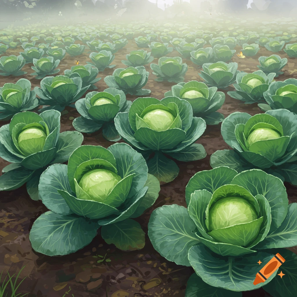 A field of vibrant green cabbages growing in rows under a misty sky in an illustrative style.