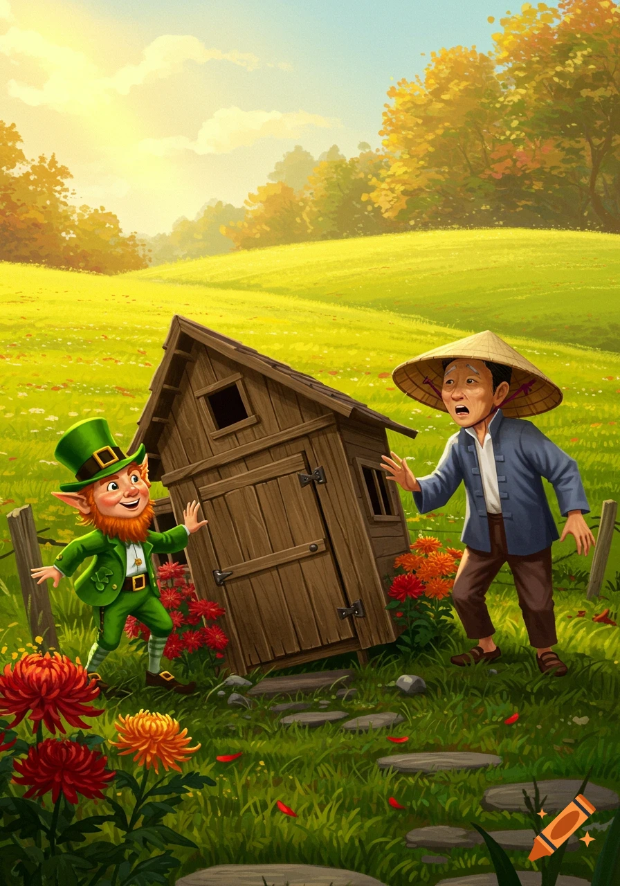 A cartoon leprechaun pushes over a wooden shed as an Asian man in a straw hat looks shocked in a sunny, green field.