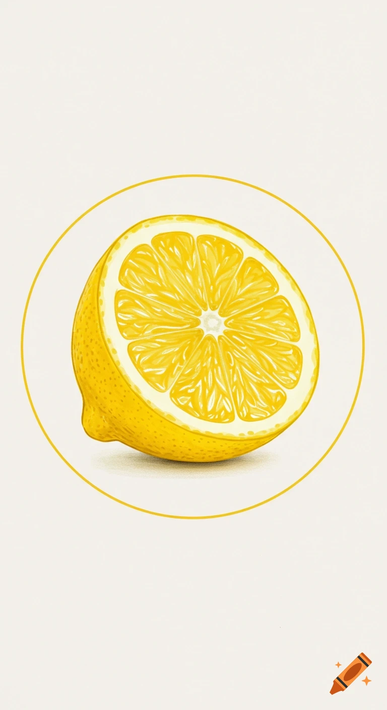 A brightly colored illustration of a lemon cut in half, surrounded by a thin yellow circle, on a light background.