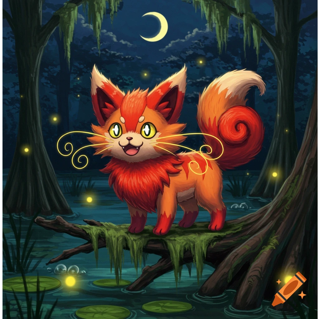 An orange, fox-like creature with bright yellow eyes and swirly whiskers stands on a mossy log in a dark swamp at night, surrounded by fireflies and lily pads.