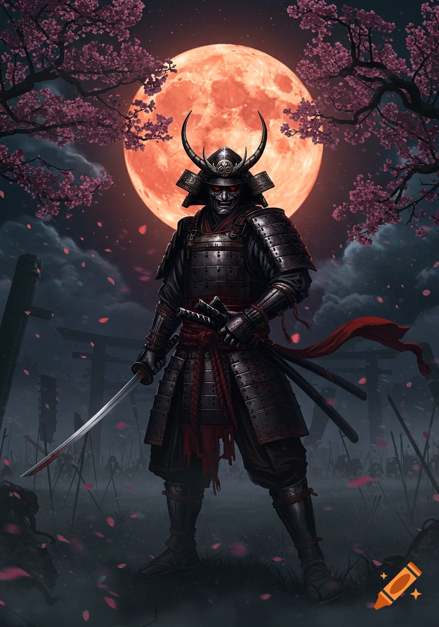 A samurai warrior in dark armor holds a bloody katana under a large red moon, surrounded by cherry blossoms and fallen figures.