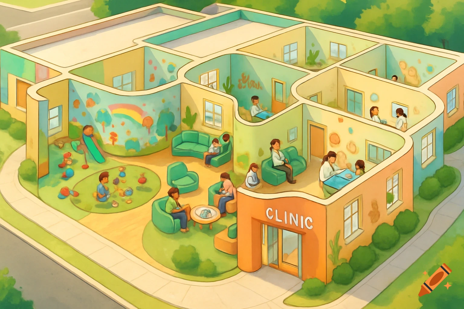 An isometric cartoon illustration of a colorful children's clinic with various rooms, including a playroom, and people waiting.