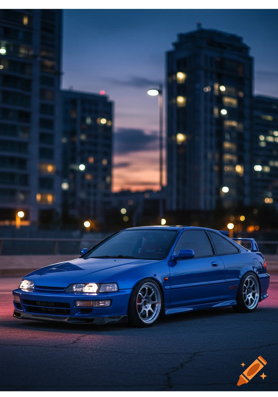 A vibrant blue Honda Integra Type R coupe parked on a city street at dusk, with blurred buildings and a streetlight in the background.