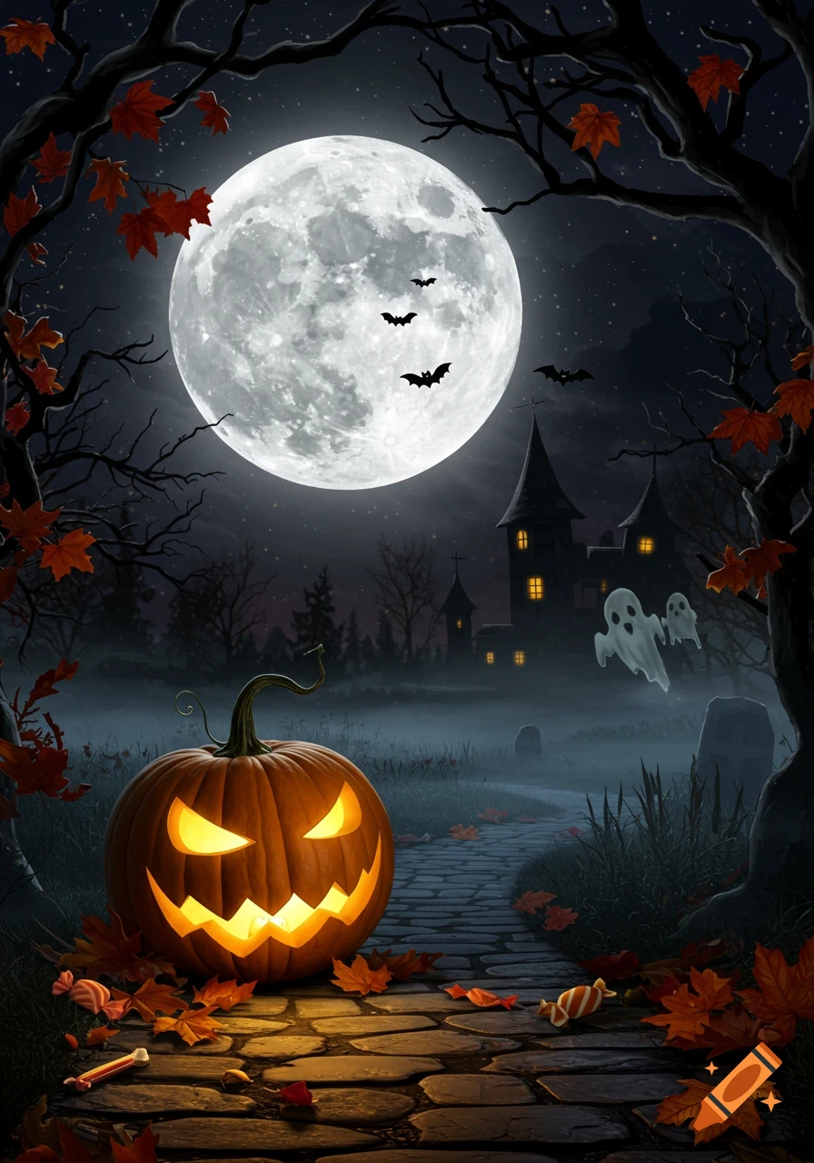 A glowing jack-o'-lantern on a cobblestone path with autumn leaves, under a full moon with bats, overlooking a spooky castle and ghosts in a misty Halloween night.