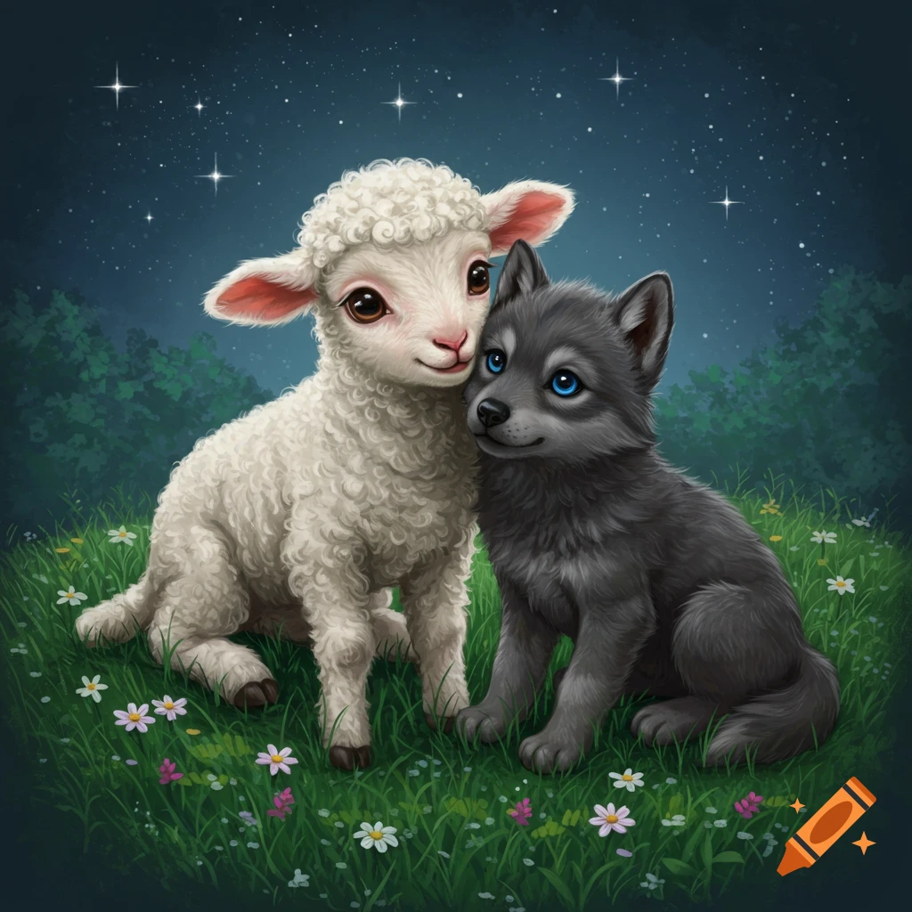 A cute cartoon lamb and a wolf pup with blue eyes hug each other in a grassy field under a starry night sky.