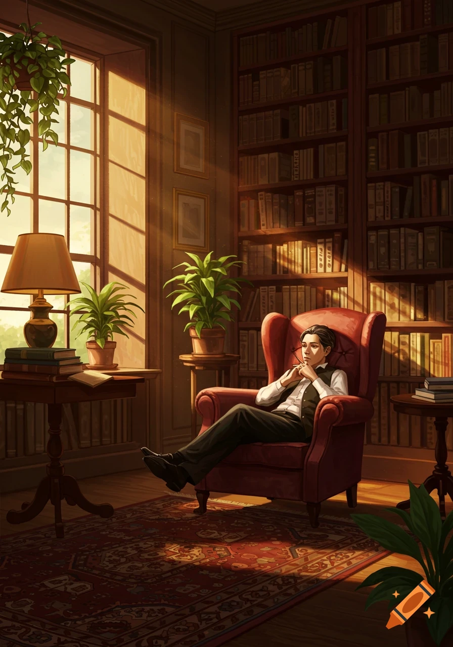 A man in a waistcoat sits in a red armchair in a sunlit library with bookshelves, plants, and a rug. Stylized illustration.
