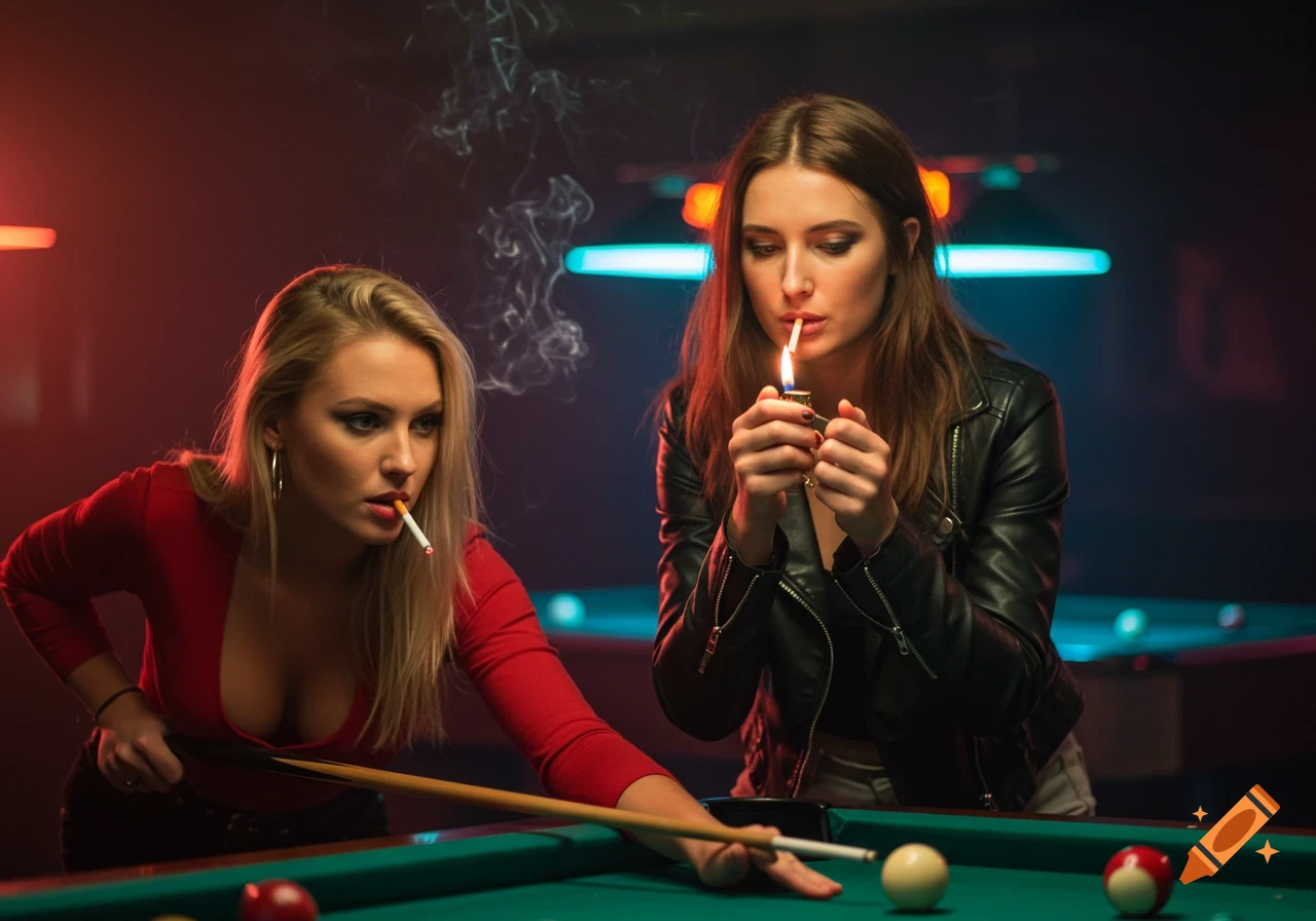 Two women in a dimly lit bar, one blonde in red playing pool with a cigarette, another in a leather jacket lighting a cigarette.